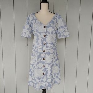 WAVERLY GREY| Blue Striped Button Down Floral Embroidery Dress